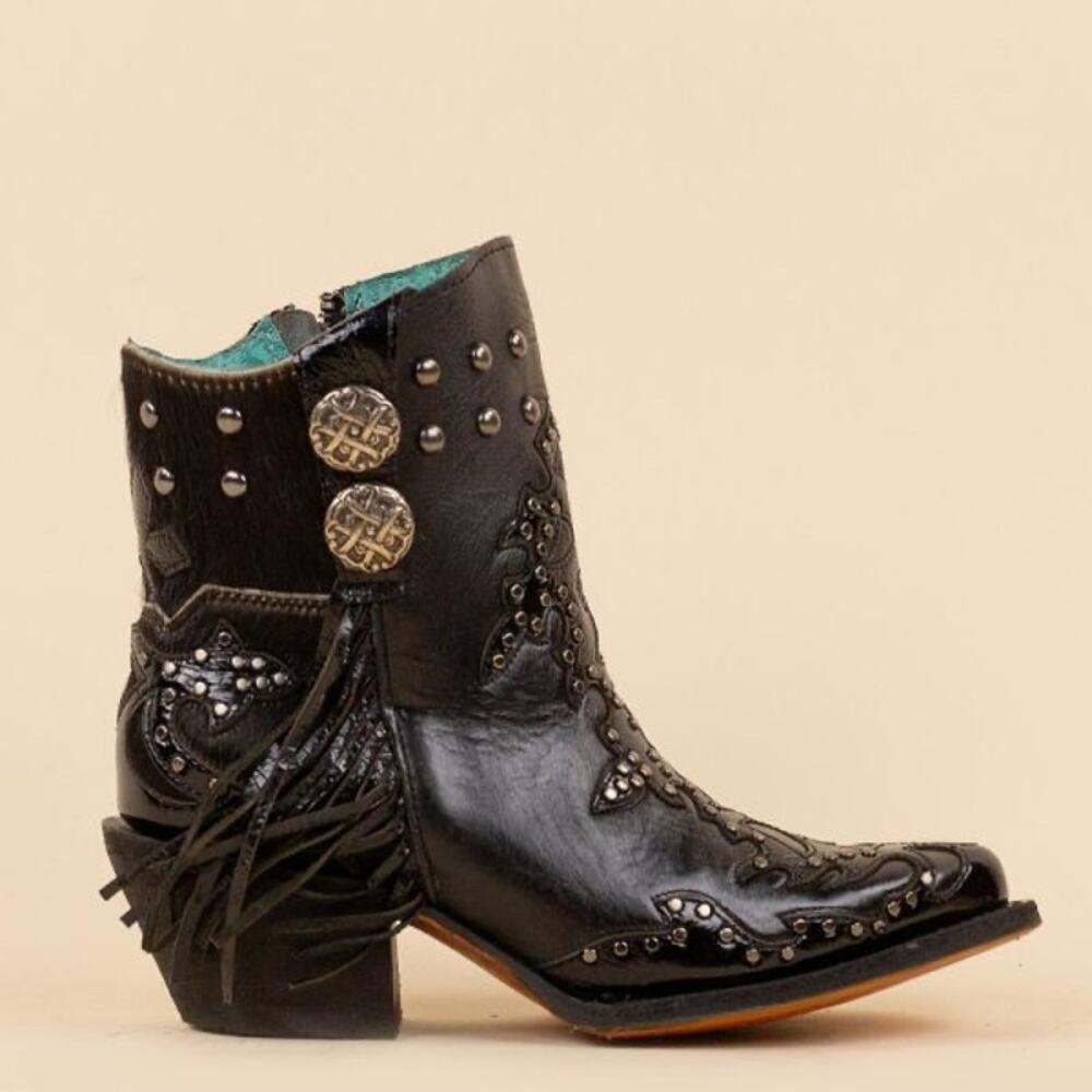 NEW Corral Black Studded Ankle Boots Fringe‎ Western Biker Leather Bootie 6.5